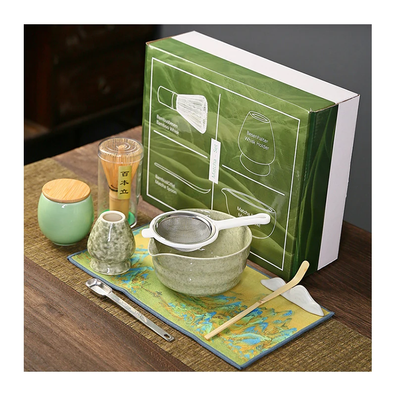 New arrivals 9Pcs Japanese Matcha Tea Set With Matcha Ceramics Bowl Whisk Holder And Measuring Spoon Bamboo Whisk Accessories