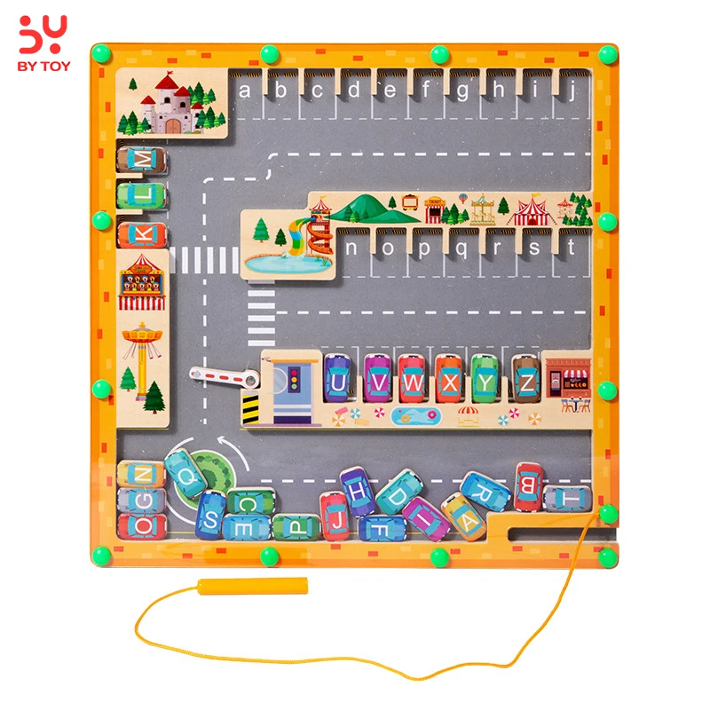 3D Wooden Magnetic Wooden Magnetic Alphabet Parking Maze Game Puzzle educational activity boards toys for child boys and girls