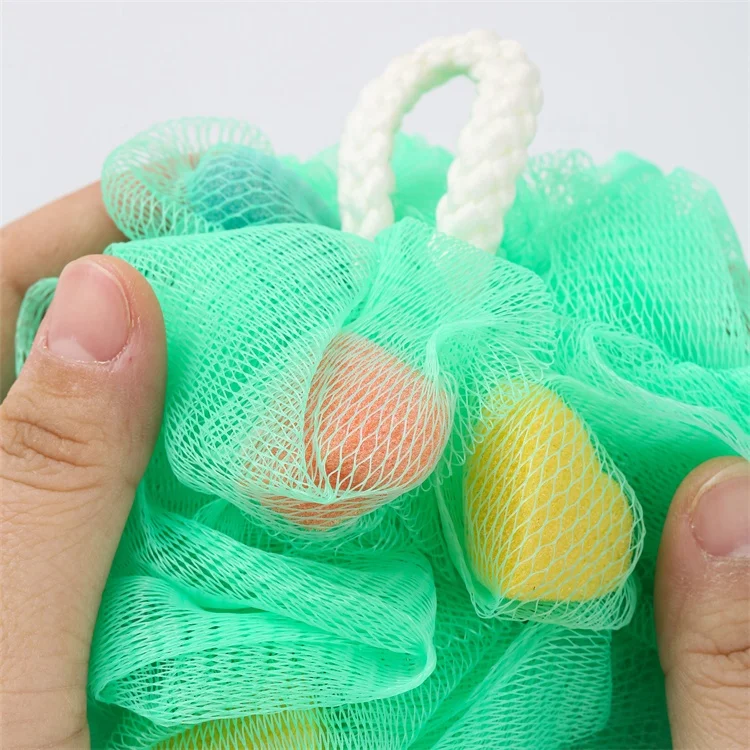 30g Skin Friendly Soft PE Net Shower Flower Scrubber Body Sponge Round Bath Ball With Heart Shaped Foam Sponge