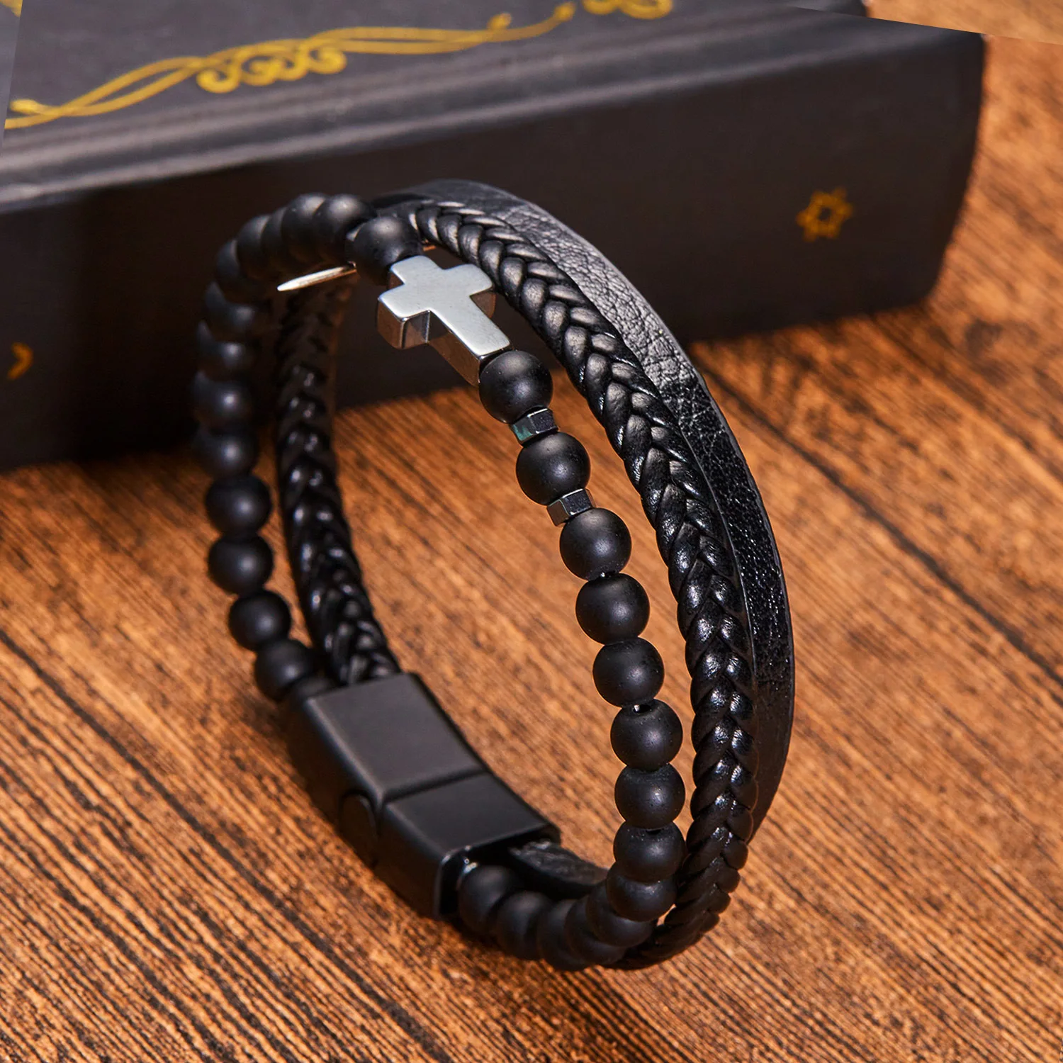 Personalized Multilayer Black Leather Mens Bracelet Stainless Steel Buckle Tiger Eye Beads Cross Bracelet Jewelry