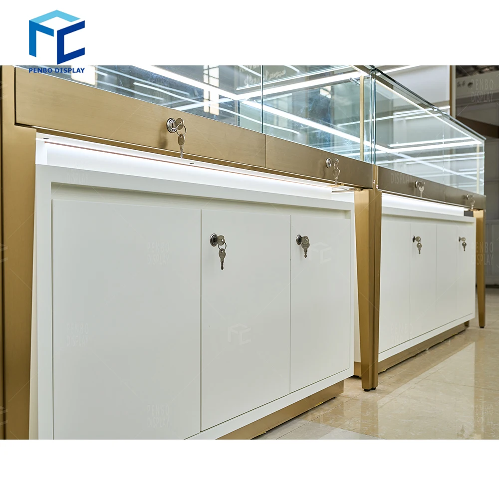 Led Lighting White Gold Jewelry Shop Display Cabinet Modern Mdf Jewelry Showcase Display Cabinet For Shopping Mall