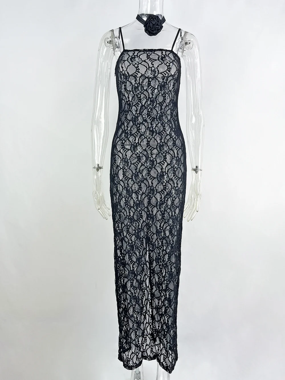 Sexy Mesh Lace Dresses Women Suspender One Shoulder Sleeveless Hollow Out Strap Dress Long Lace Evening Dress