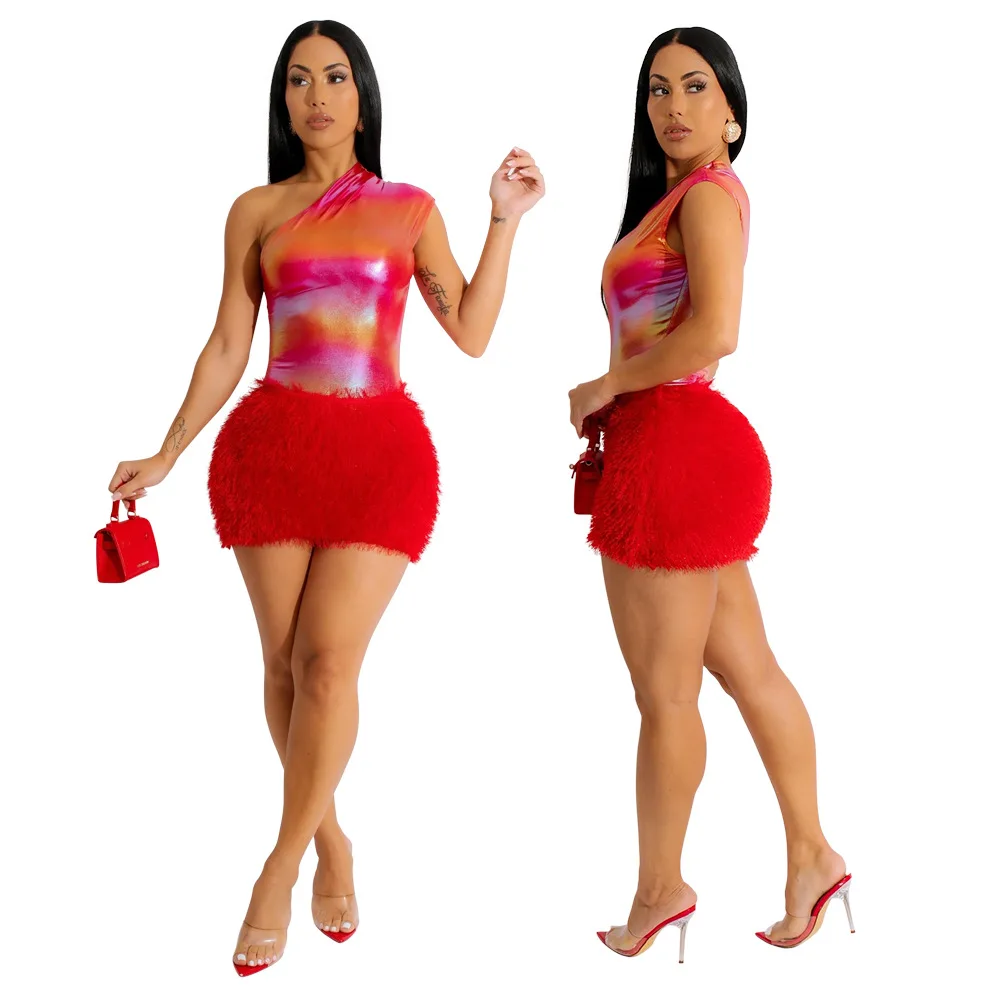 2023 Hot selling spring summer sexy slim Hip skirt bright leather knitted wool cloth one-shoulder skirt Women Mini Bodycon Dress