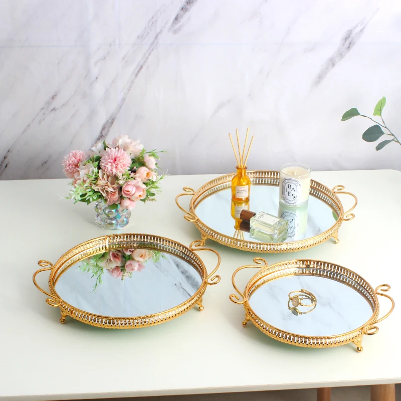 2024 Round Mirror Wedding Decorative Tray 3 Sizes Of European High-end Silver Wedding Metal Trays