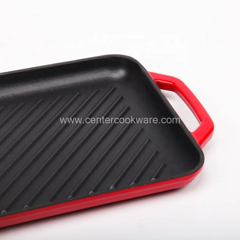 Wholesale cookware Rectangle Enamel Cast Iron Induction baking Roasting Grill Plate Griddle Bbq Plate Grill Pan