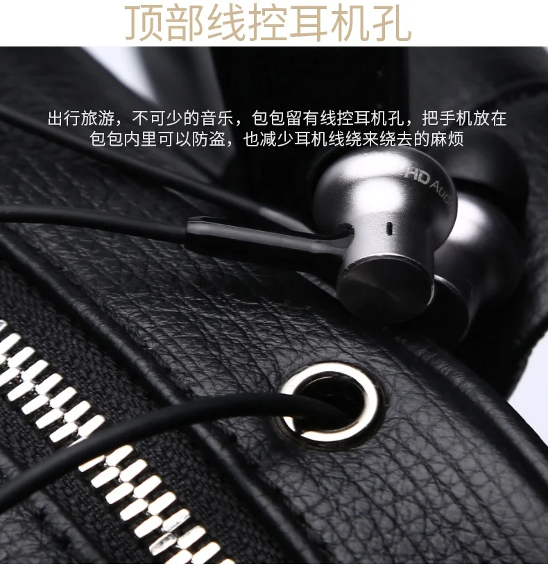 
Wholesale and Retail Black Full Grain Leather Bag Genuine Leather Men Backpack with USB Headphone Jack Hole 