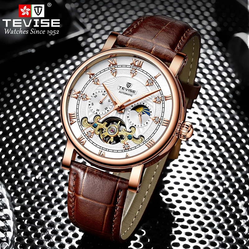 Online shop Multi function tourbillon movement moon phase waterproof leather watch for men