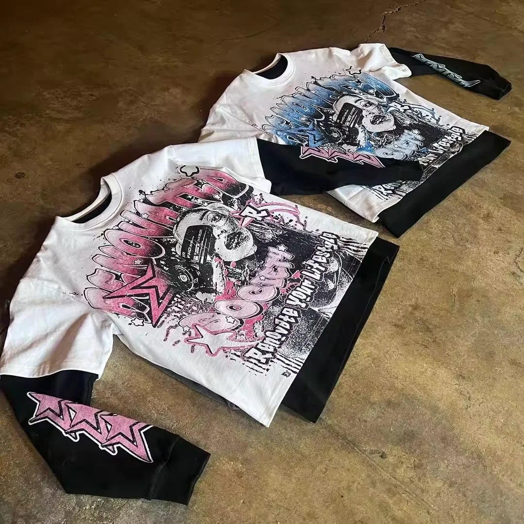 Custom Crew Neck Dtg 100% Cotton Long Sleeve T-shirt Two Piece Screen Print waffle Double Layered Long Sleeve T-shirt