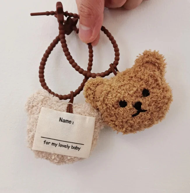 YDS Anti-Lost Bear Bunny  Plush Keychain with Name Tag for Bag Silicone Strap Plush Toy Pendant