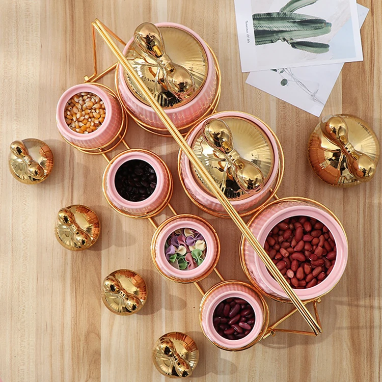 Modern Luxury 7PCS Pink Blue Ceramic Airtight Caniset Set Kitchen Sugar Coffee Spice Storage Jar with Golden Rack