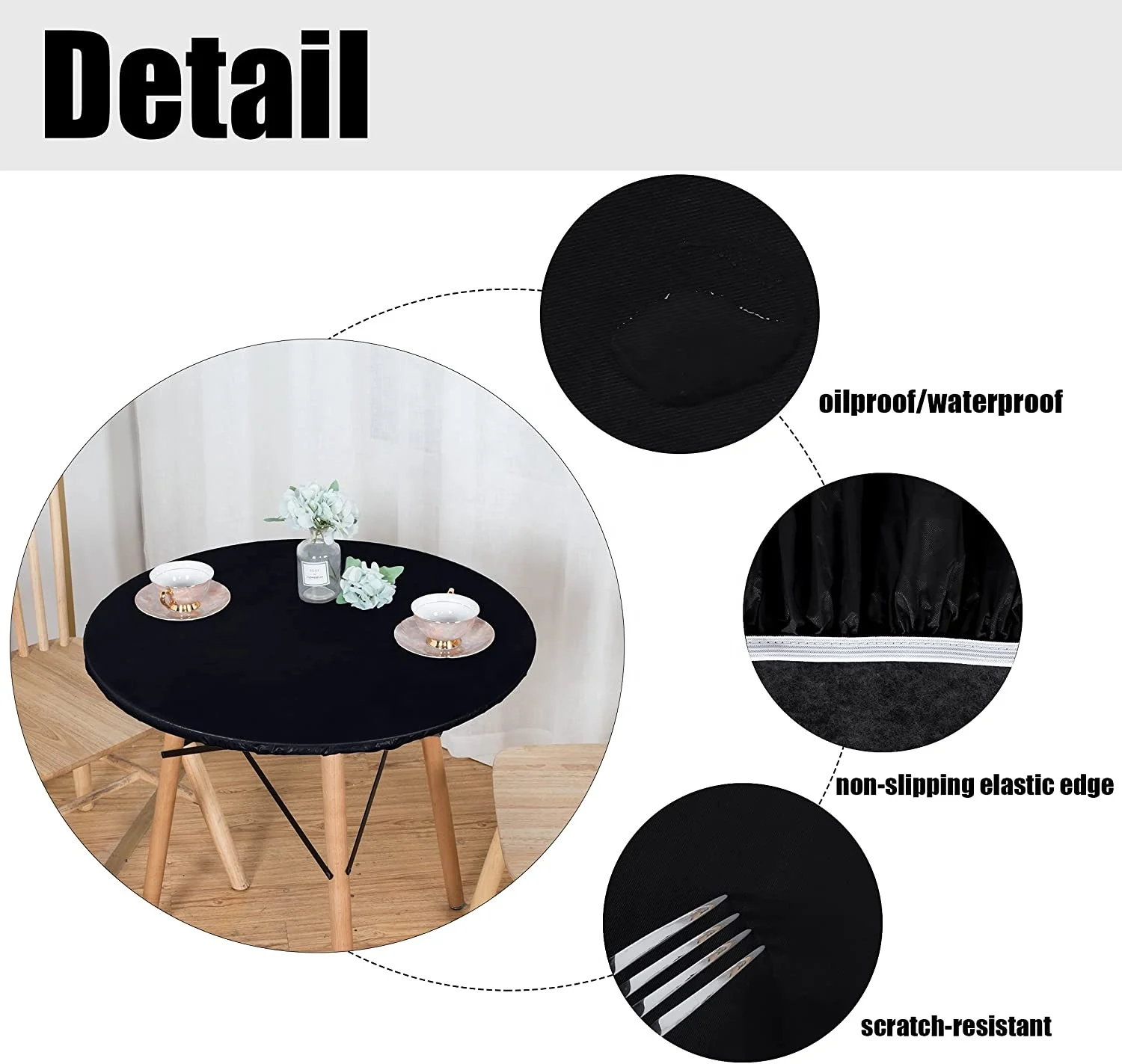 Round Vinyl Fitted Tablecloth with Flannel Backing Elastic Edge Design Table Cover Waterproof Oil-Proof PVC Table Cloth