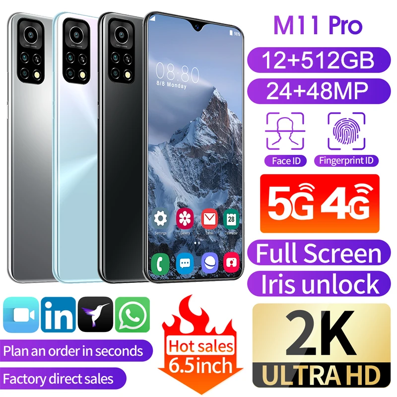 6.5inch M11 Pro Smartphone 12GB+512GB Full Screen Mobile Phone Finger/Face Unclock Cellphone