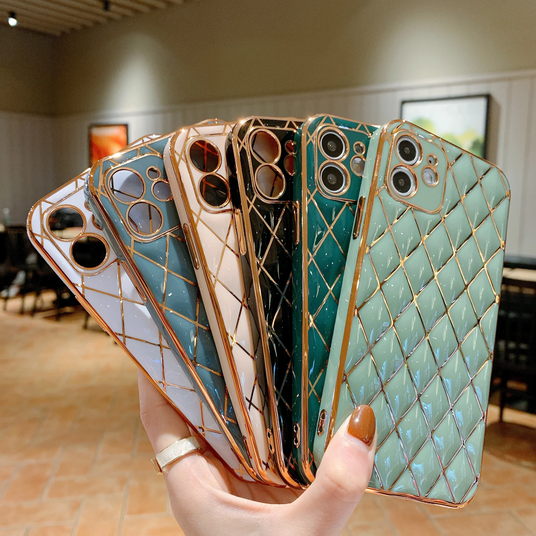Electroplated Radium Carved 3D solid color rhombus TPU Cover Smart Phone Cases For Iphone Series