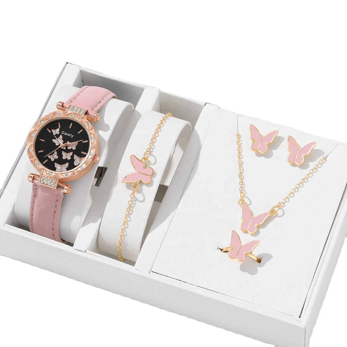 Beautiful Flower Dial Diamond Watch Women Leather Band Girls Watches 5pcs Butterfly Necklace Earring Jewelry Set