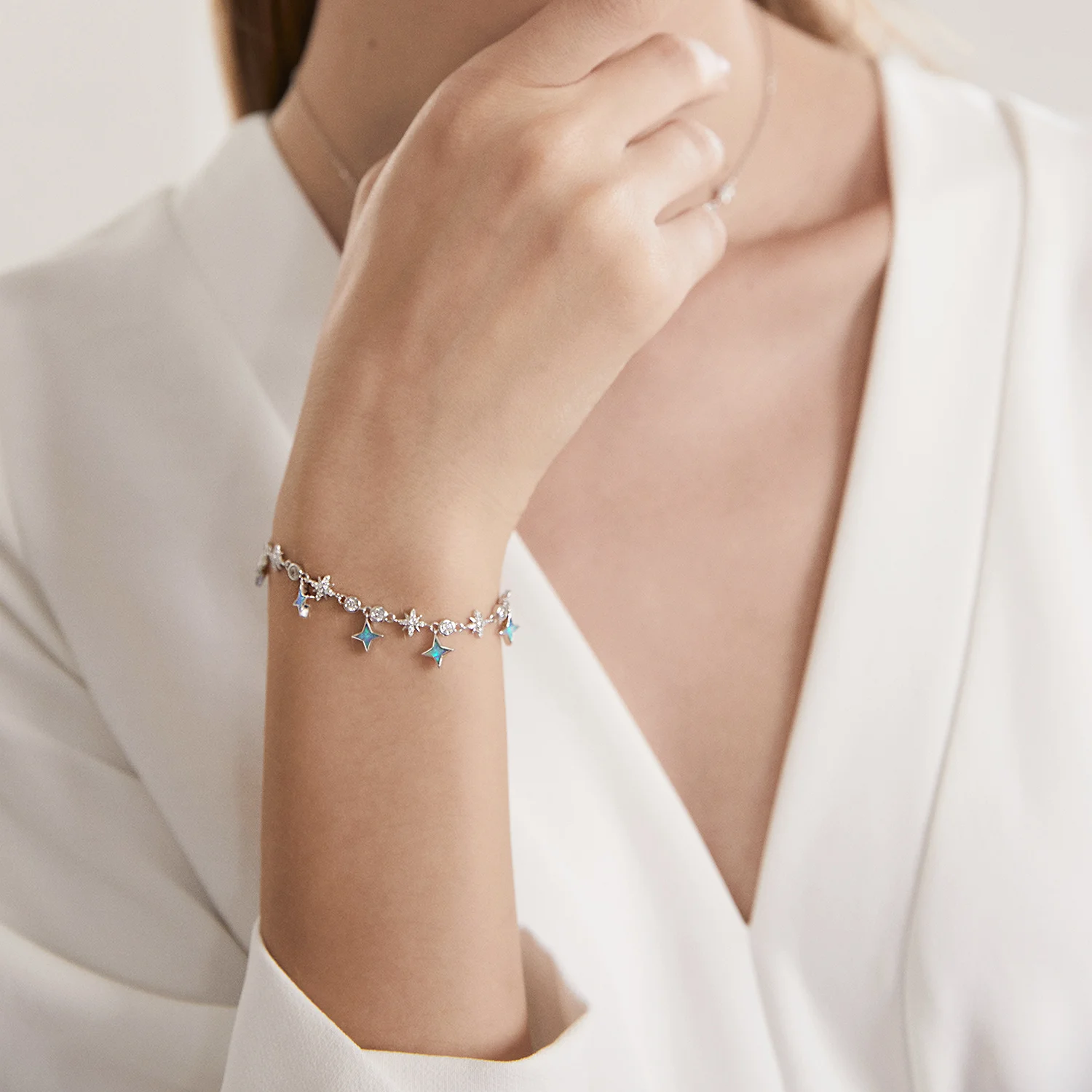 925 Silver Jewelry White Gold Plated Bracelet CZ Opal Celestial Stars Slider Chain Bracelet for Women