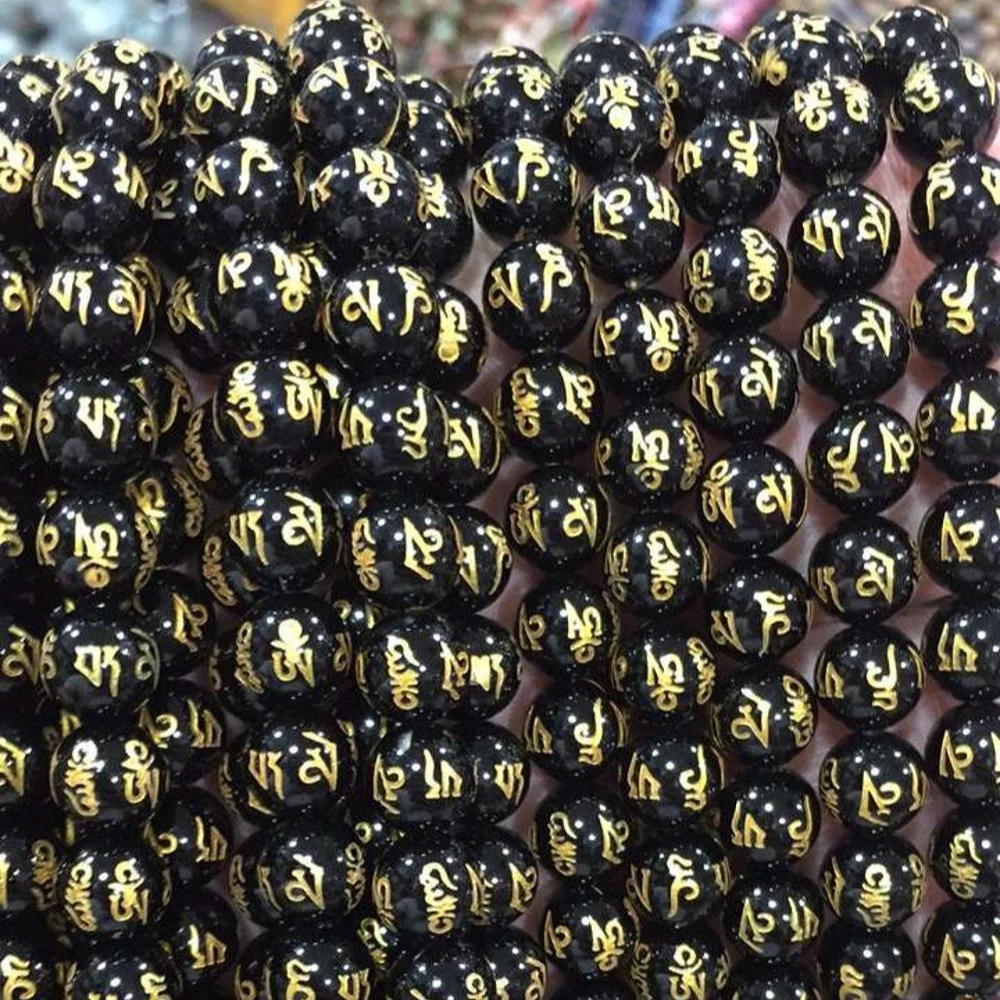wholesale loose gemstone black onyx engraved gold Sanskrit onyx 8mm engraved agate stone bead for jewelry making