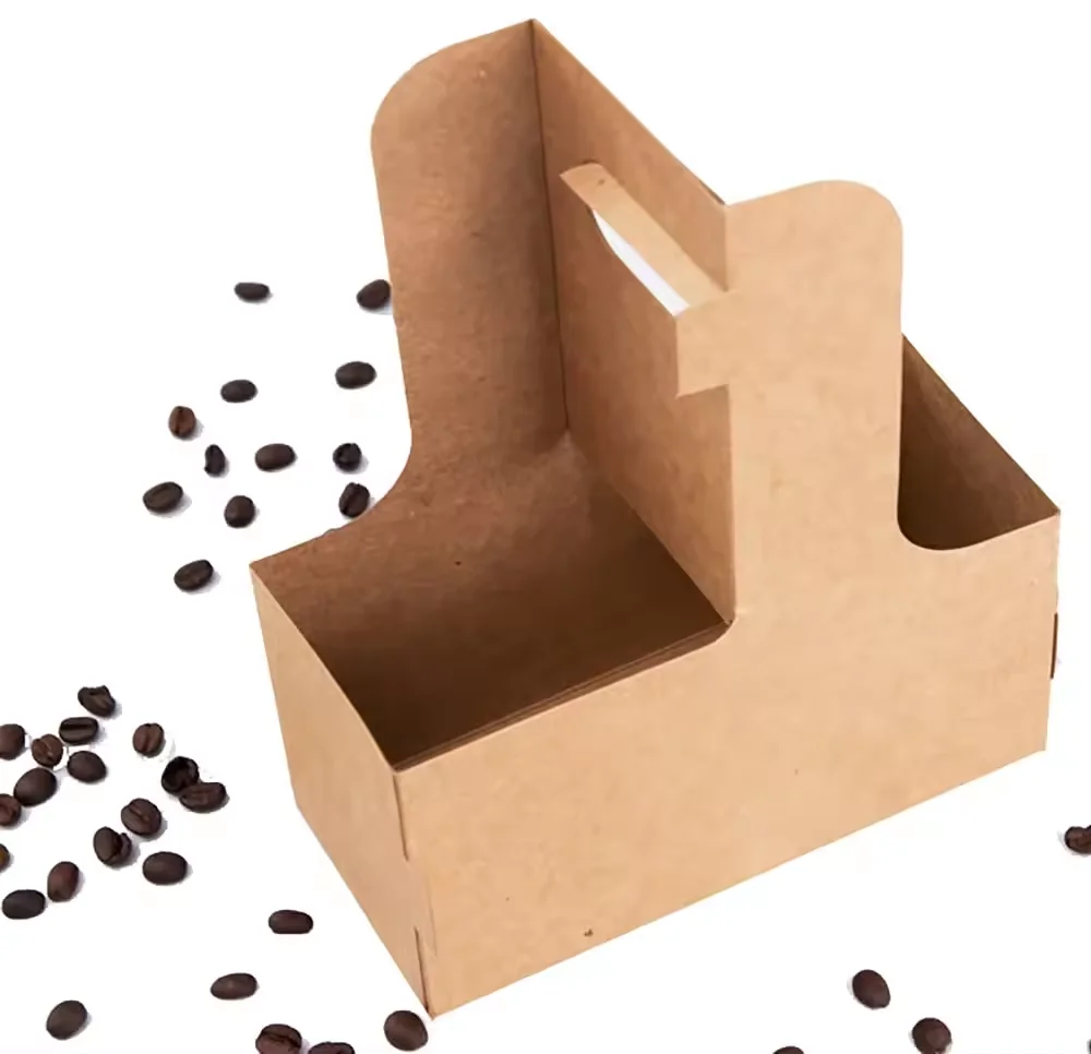 Kraft Drink Carrier with Handle 2 Cup Disposable Paperboard Beverage Cup Holder for Hot Cold Drinks to Go Coffee Cup Holder