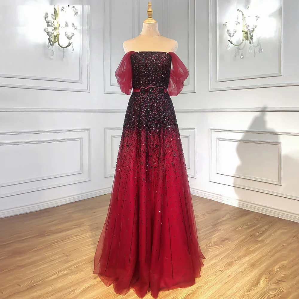 Gradual Change Wine Red Black 2024 Beaded Bling A-Line Luxury for Party Gowns Off Shoulder Tulle Evening Dresses