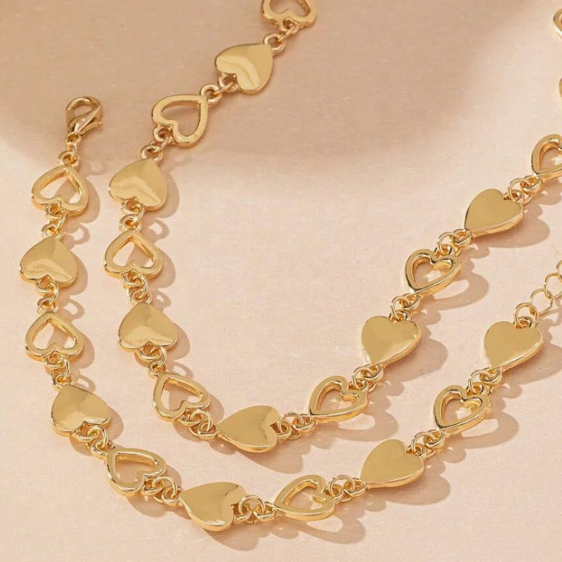 Necklace Bracelet Set Elegant Fashionable Heart Shaped Cut-Out Design Made Of Stainless Steel Women Love Hollow Out Jewelry Set