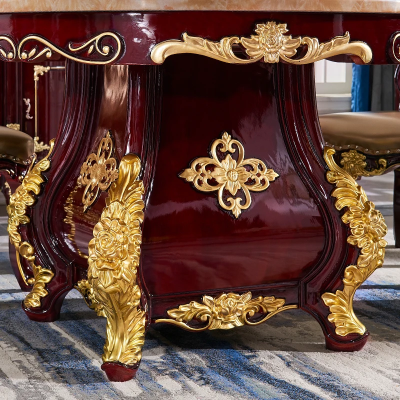 European neoclassical red sandalwood painted gold dining table chairs combination turntable dining set American Villa