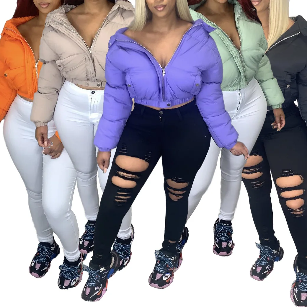 Women Winter  Solid Color Thick Hooded Cropped Quilted Bubble Bomber Jackets