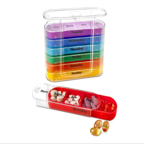 Portable Transparent Support rainbow 7-layer 28 Grid Pill Manager Stackable Drawer Moisture-proof Plastic