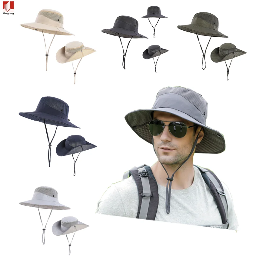 Mens Water Proof Resistant UV Protection Safari Outdoor Fishing Tactical Wide Brim Boonie Bucket Hat with Strings
