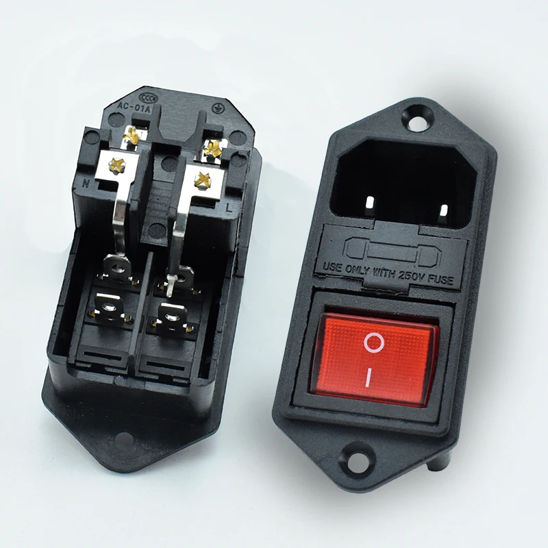 3 In 1 Series 10A 250V AC Socket With 4-pin Rocker Switch Red Light C13 C14 AC Power Socket With Double Fuse Seat