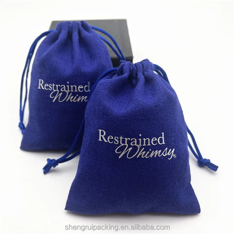 Silver Stamped Logo Soft Blue Cotton Linen Fashion Jewelry Pouch Reusable Linen Gift Packaging Bag For Metal Crafts