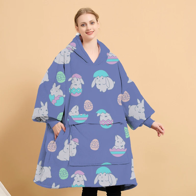 Customized Easter Rabbit Pattern Design Sherpa Cozy Soft Warm Oversized Hoody Wearable Pullover Hoodie Blanket With Hoods