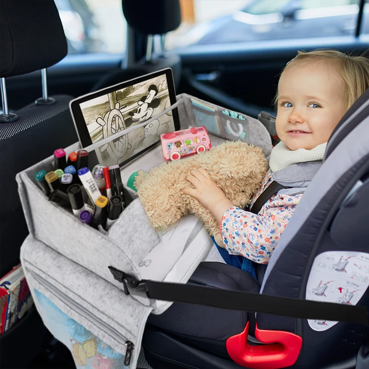 Kids Travel Tray for Toddler Car Seat, Road Trip Essentials Accessories Tablet iPad Holder Stand