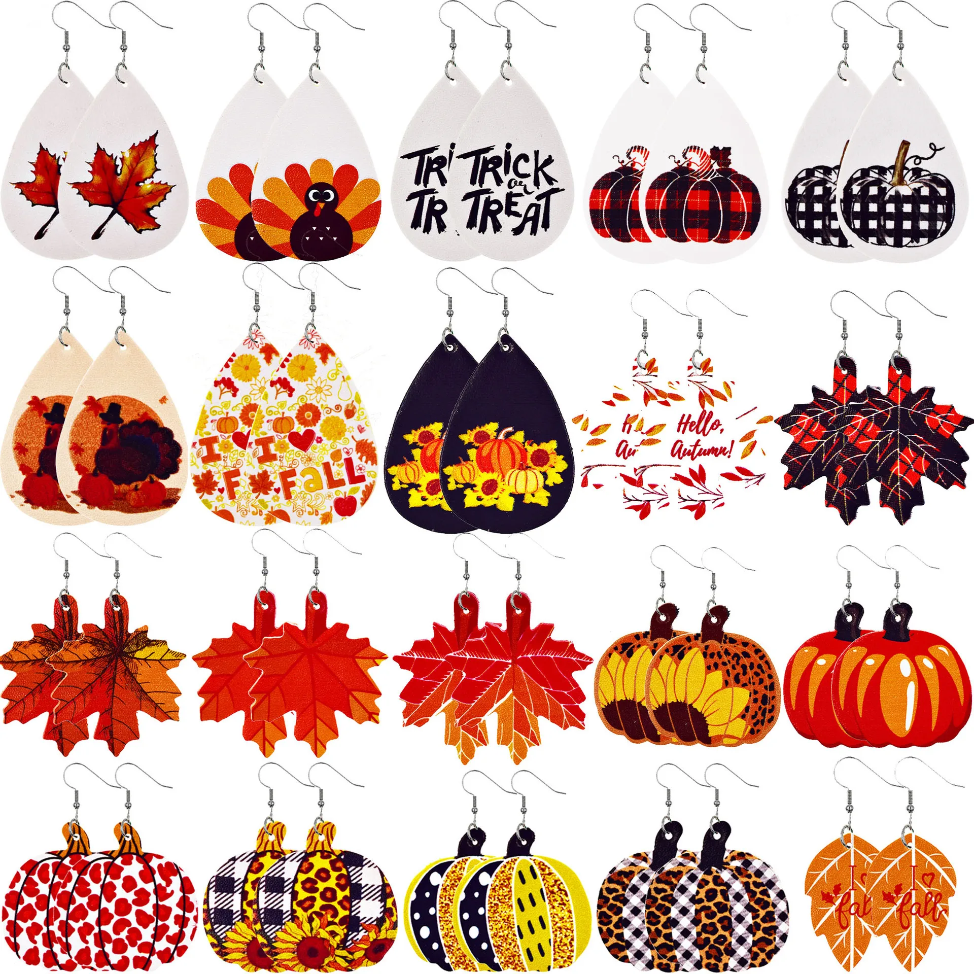 Autumn Pumpkin Sunflower Maple Leaves Patterned Leather Earrings Fall Leather Teardrop Earrings for Women Thanksgiving Jewelry