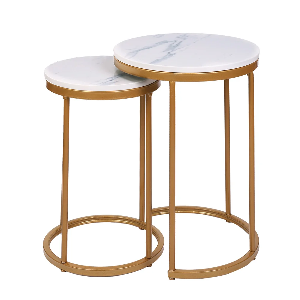 Set of 2 Nesting Table Modern Marble Nightstanding Side Tables Round Coffee End Tables Metal Frame for Living Room Bedroom