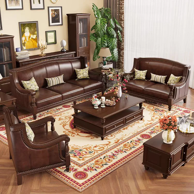 American pastoral style Classic Living Room Hotel Furnitures Wooden 4 Seater 1 2 3 Luxury genuine Leather Solid Wood Sofas Set