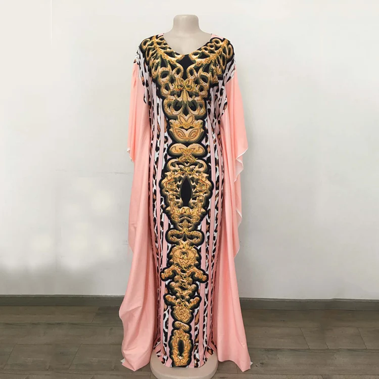 
African Digital Printed Leopard Dot Stripe V Neck Slim Ruffle Long Sleeve Rhinestone Top Skirt Dashiki Dress Kaftan 