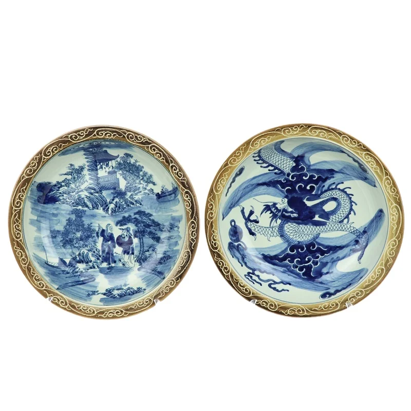 RZMW09-A/B Blue and White Man Dragon China Plates with Yellow Rim