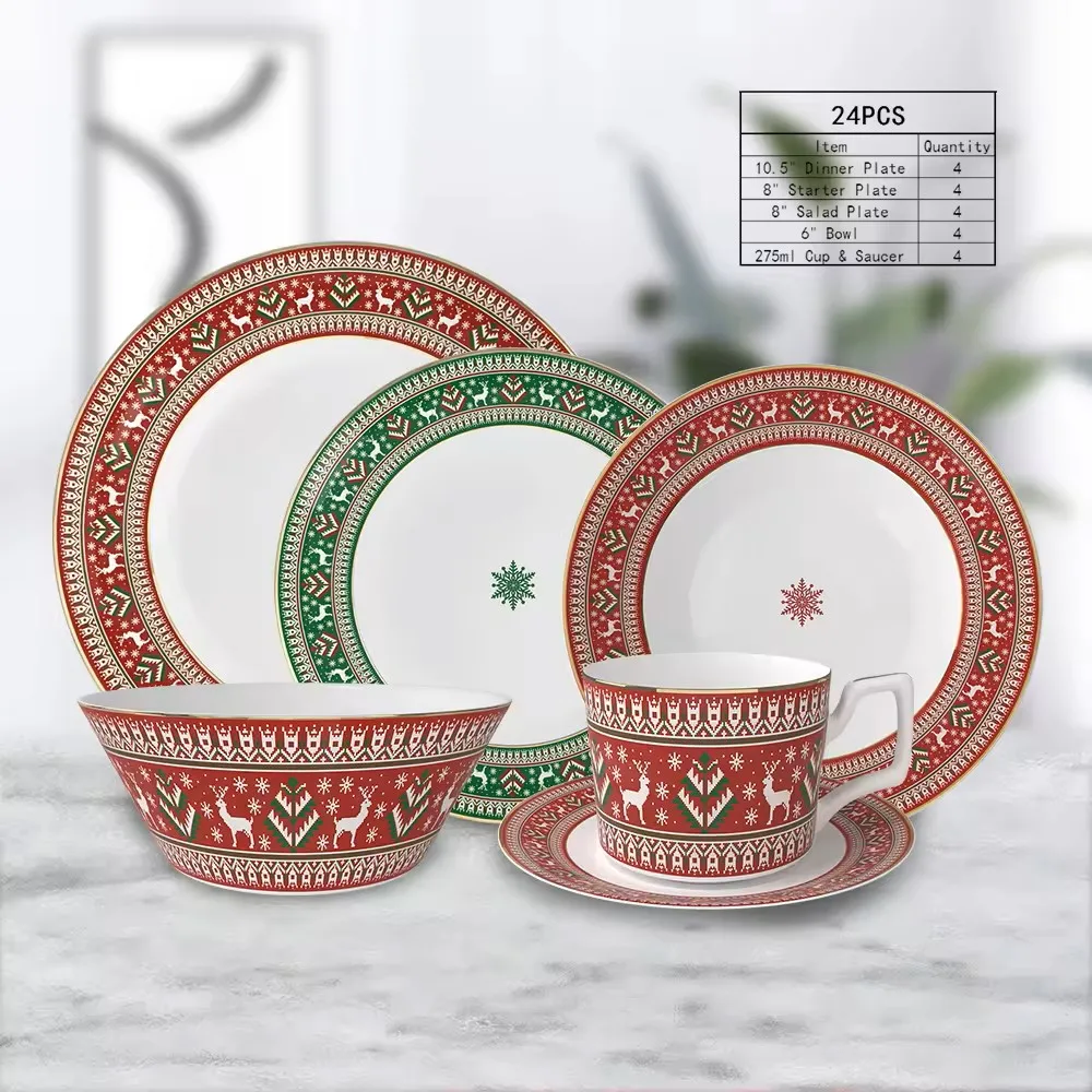 Wholesale Bone China Ceramic Dinner Set with Gold Rim Red Christmas Plates Decorations for Food Serving