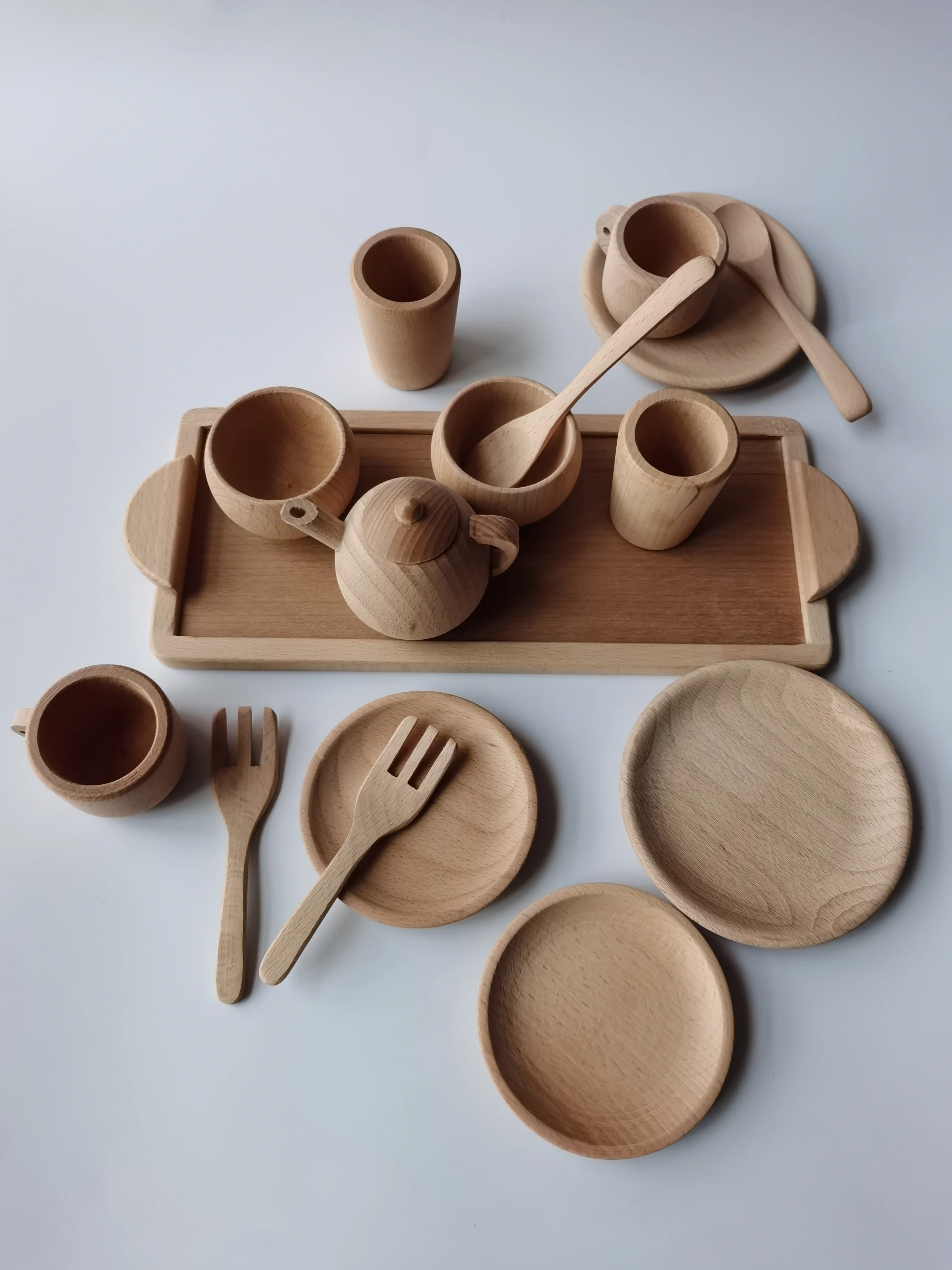 
Hot sale popular simulation tableware solid beech wood kitchen toy tea set for kids 