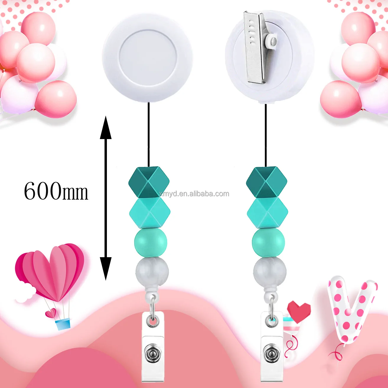 Silicone Beads ABS Round Badge Holder Sublimation Blank Pull Reel Badge with Rotary Alligator Clip For Name Card