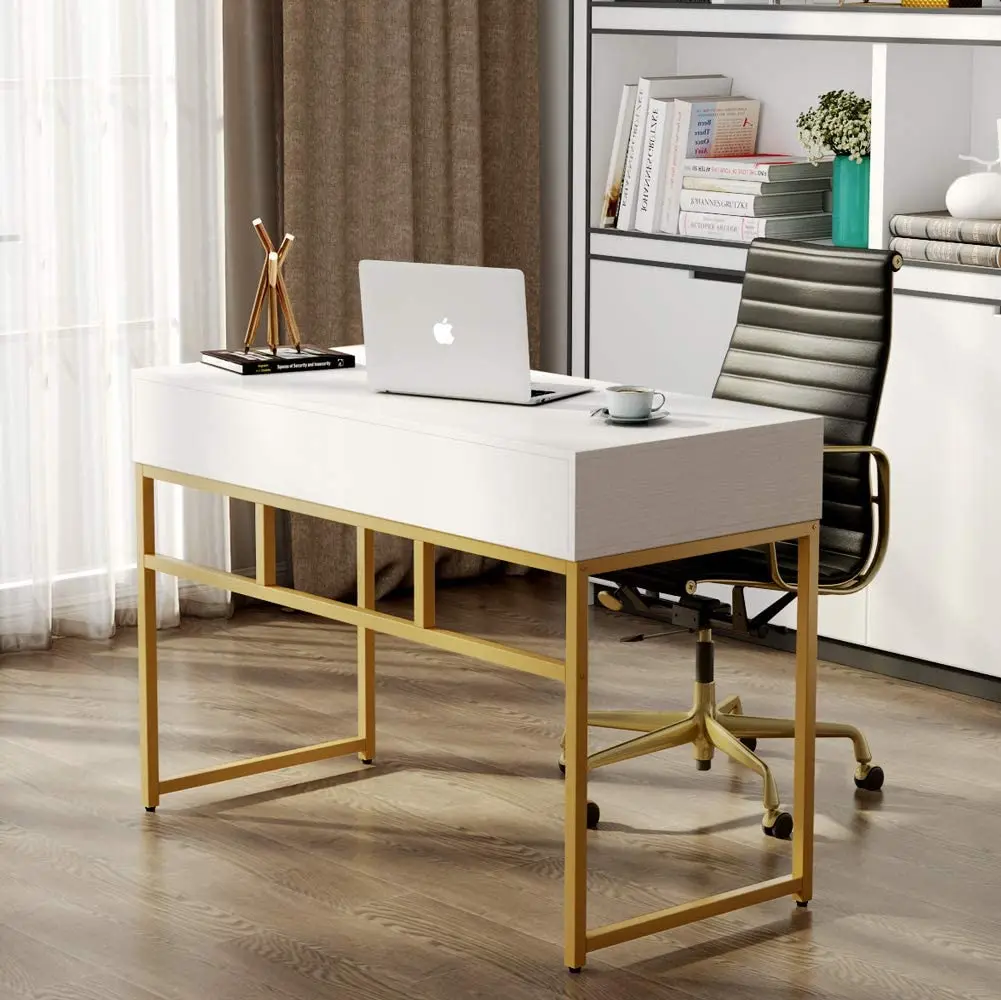 White high gloss home office writing desk computer laptop table  with two drawers
