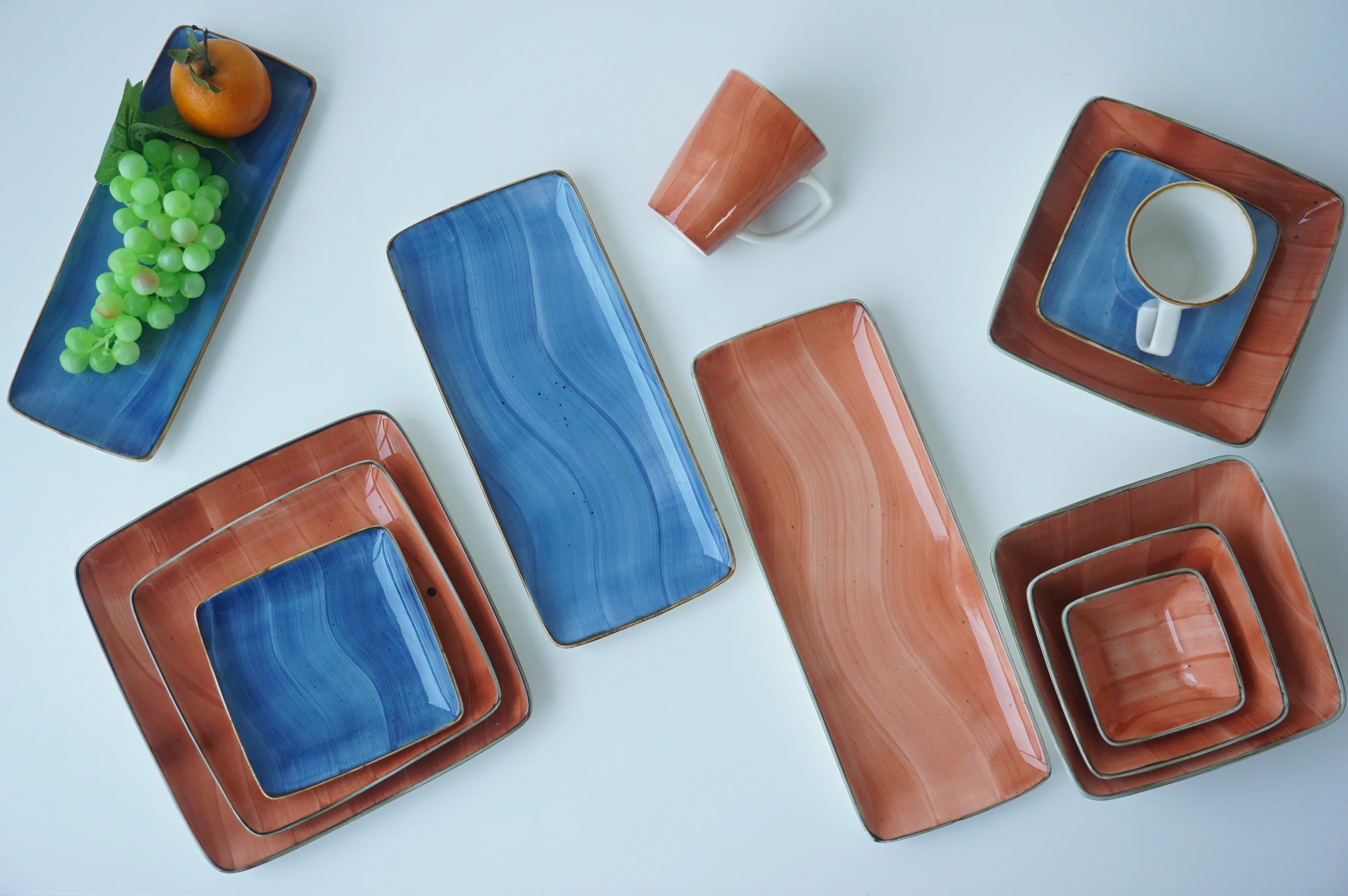 Wholesale New Blue Square Bowl Plate Porcelain Fish Plates Dinnerware Cup Color Ceramic for Home Carton Dinnerware Sets Country