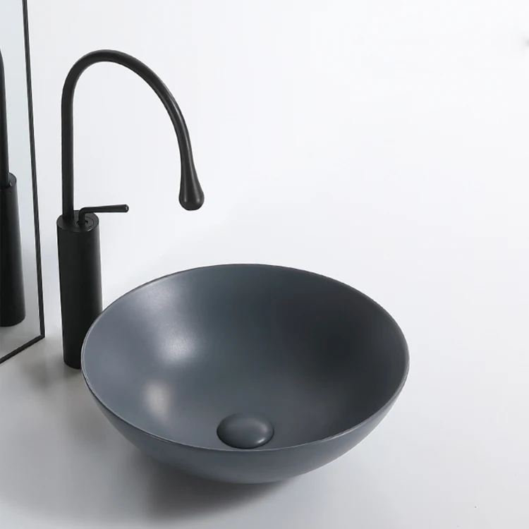 Amazon Wish Hot Sale  Bathroom Sink Set Round Deep Grey Ceramic Porcelain Wash Basin With Ceramic Pop Up Drainer