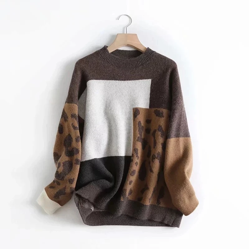Women Sweater And Pullovers O-Neck Long Sleeve Vintage Knitted Leopard Women Sweater Autumn Pullovers Tricot Pull Femme