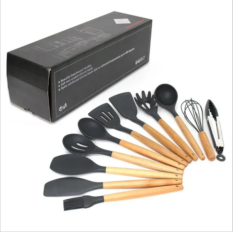 11 pcs silicon spatula kitchen utensil set with holder wooden cooking utensils set silicone utensil kitchen set box package