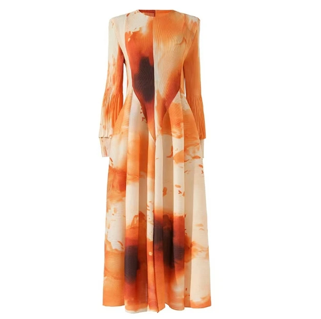 Sheen High Quality Ladies Fashion Print Pleated Plus Size Lady Casual Dresses Miyake African Designs in Chiffon Women Long Dress