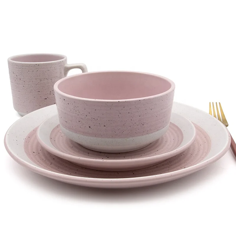 New arrival Eco-friendly two colors mat glazed stoneware dinnerware sets for cheap sale restaurant pink white ceramic dinner set