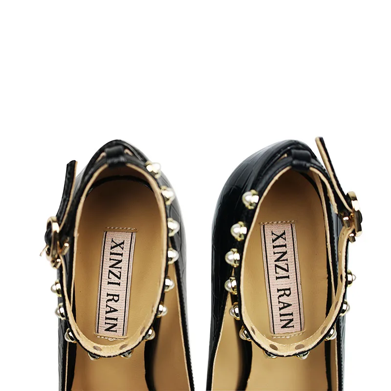 Women Pearl Buckle Genuine Leather Stiletto Heels Black Sheepskin Insole Embossed Patent Cow Leather Fabric Pointed Toe Pumps