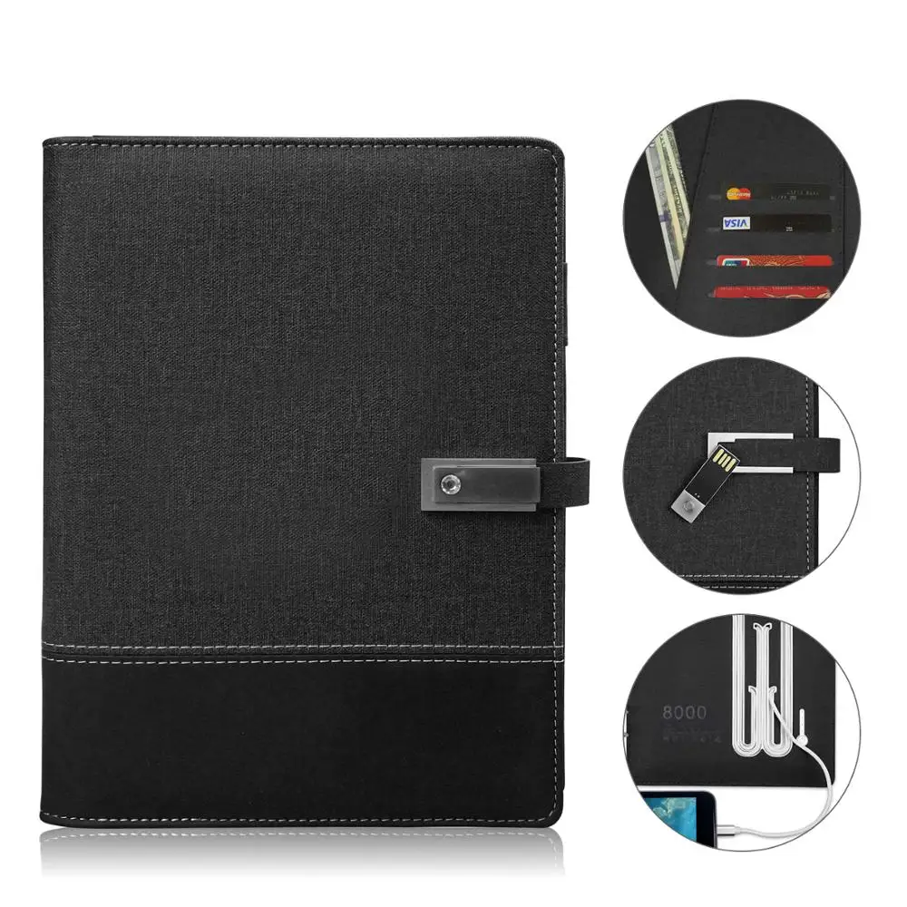 Customizable 8000mAh Powerbank A5 Leather Cover Loose Leaf Reusable Journal Power Bank Notebook With Usb Flash Drive