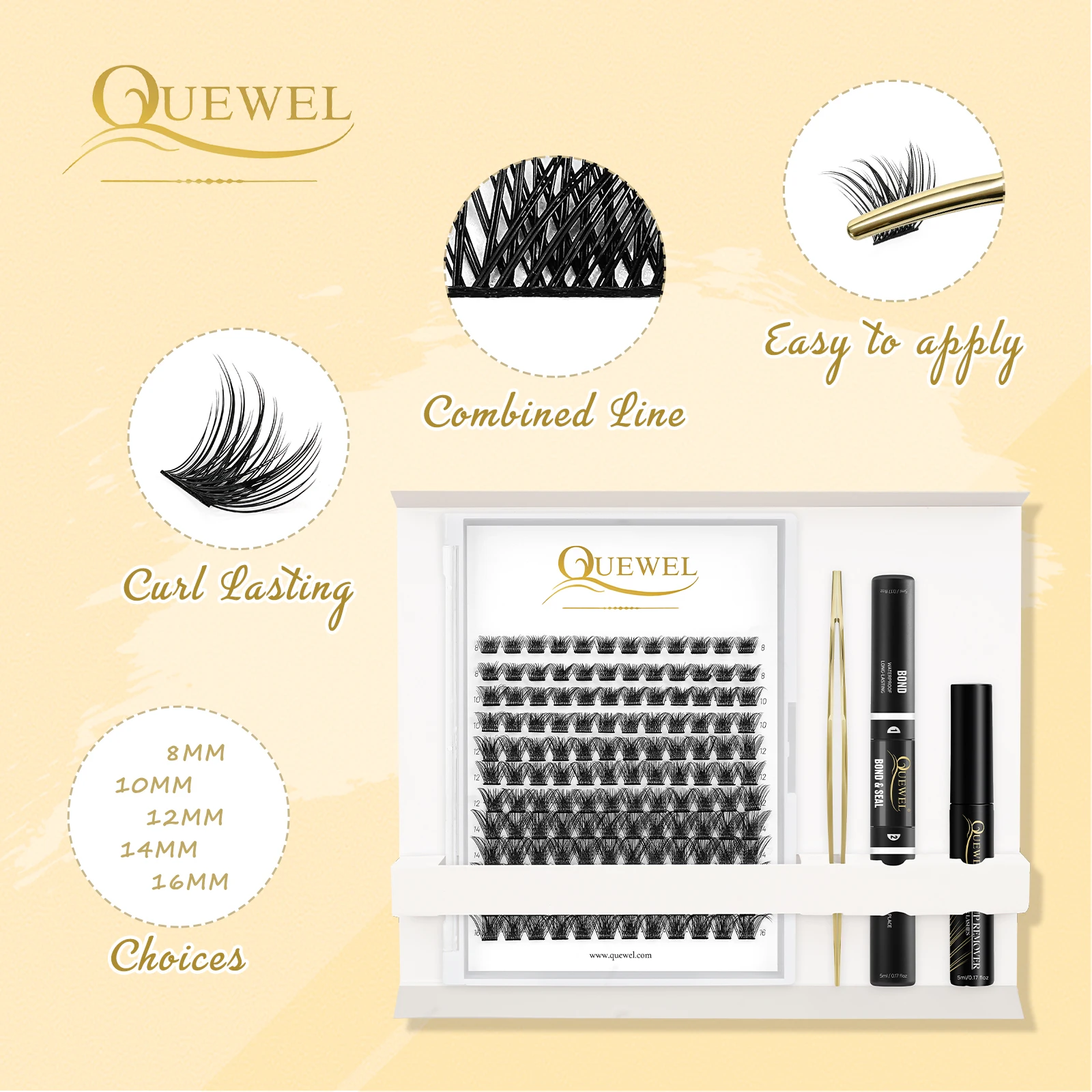 DIY Lash Extensions Kit Clusters Eyelash 144 Pcs Golden Lashes Tweezers Eyelash Clusters Bond and Seal Waterproof Cluster Lash
