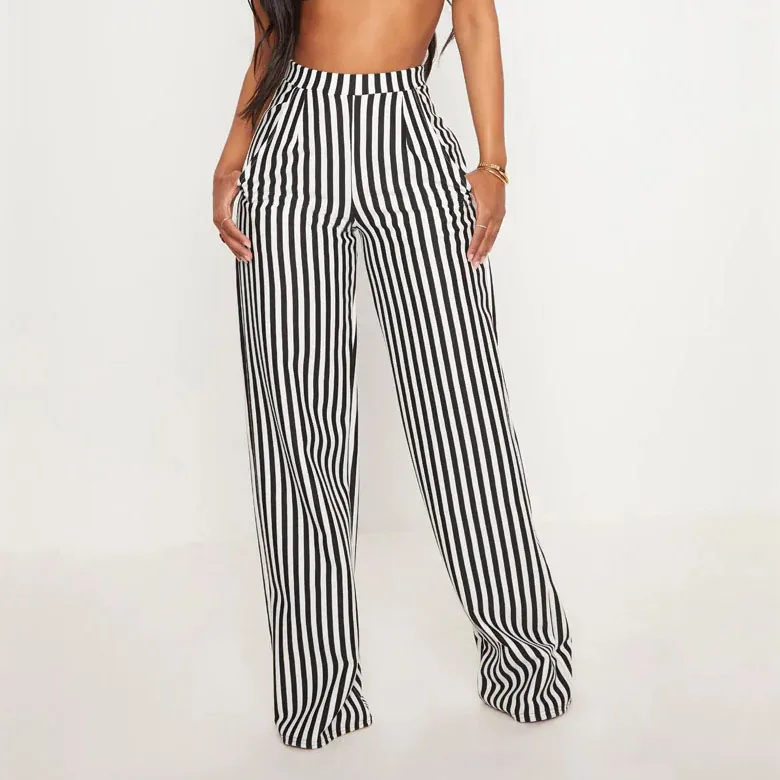 Wholesale Ladies Pants Loose Fitting Straight Trousers Clothing Manufacturer Custom Printing Women Striped Long Pants